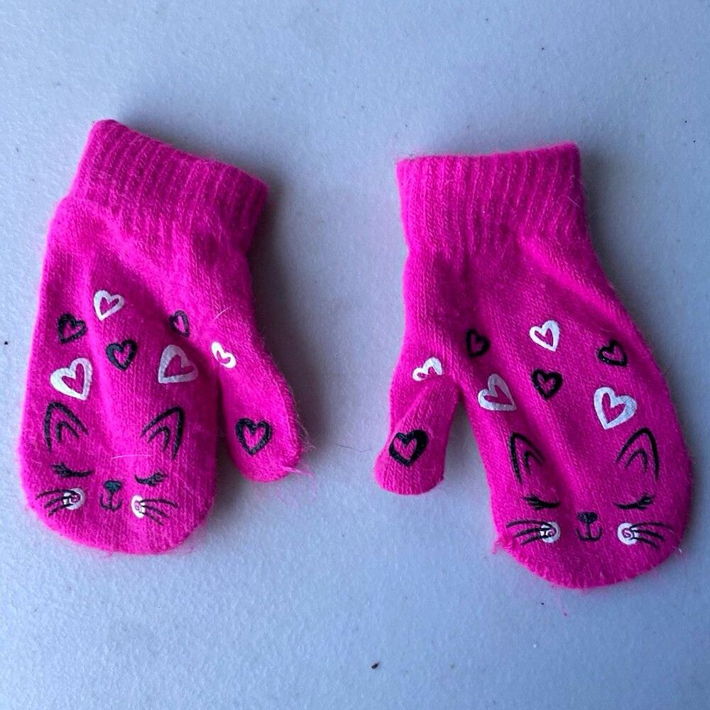 Girls Hot Pink Knit Kitty Cat Mittens Hearts Winter Gloves Toddler Little Kids